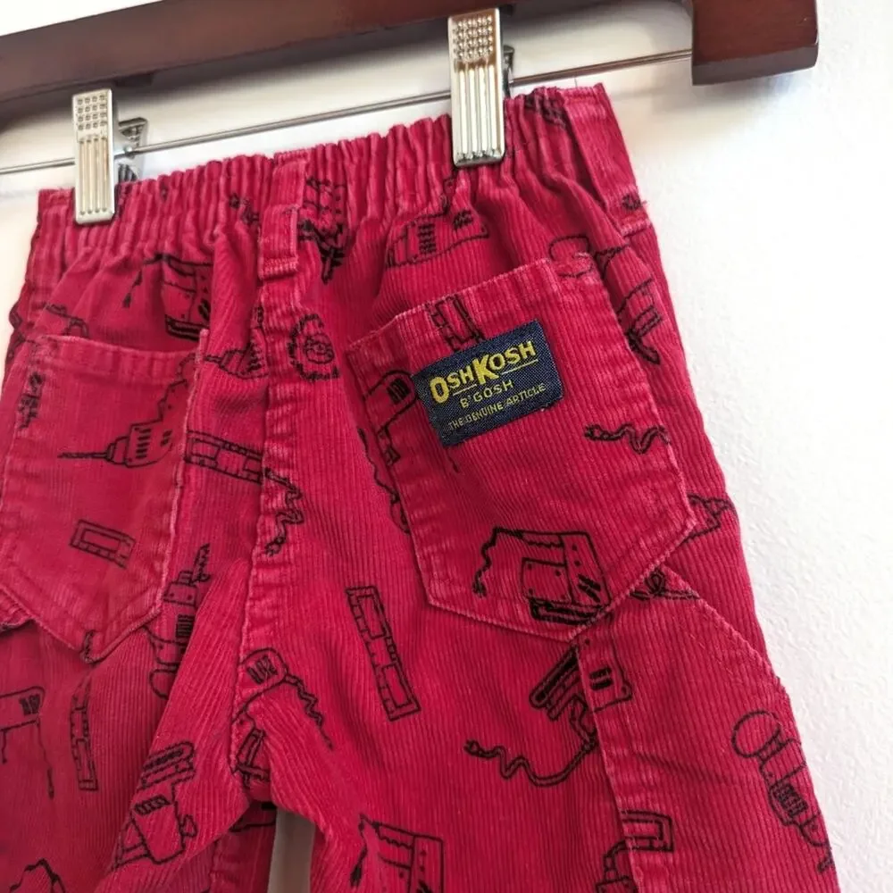 Vtg Oshkosh Bgosh Pants Boy Sz 4 90s Red Power Tools Corduroy Classic Rare Print